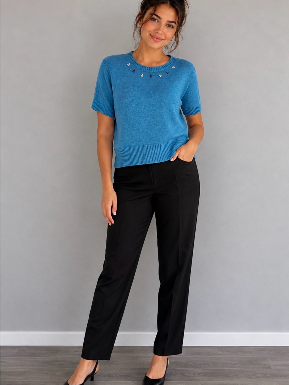 C.C Teal Knit Short Sleeve Top with Embellished Neck
